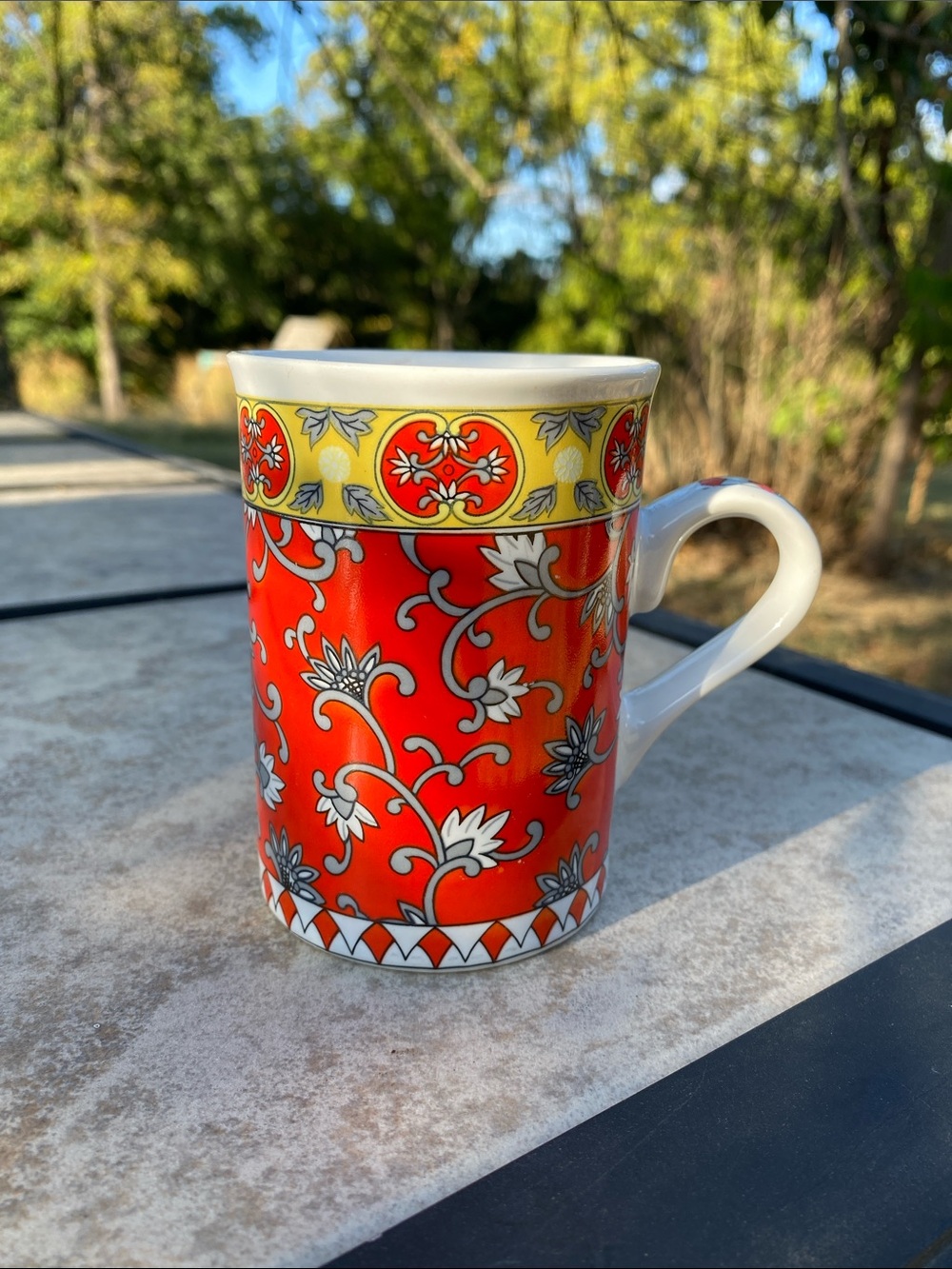 Vintage Pier 1 Porcelain Red Floral Mug Made In Japan by Kanesho 1970s 3" X 4"